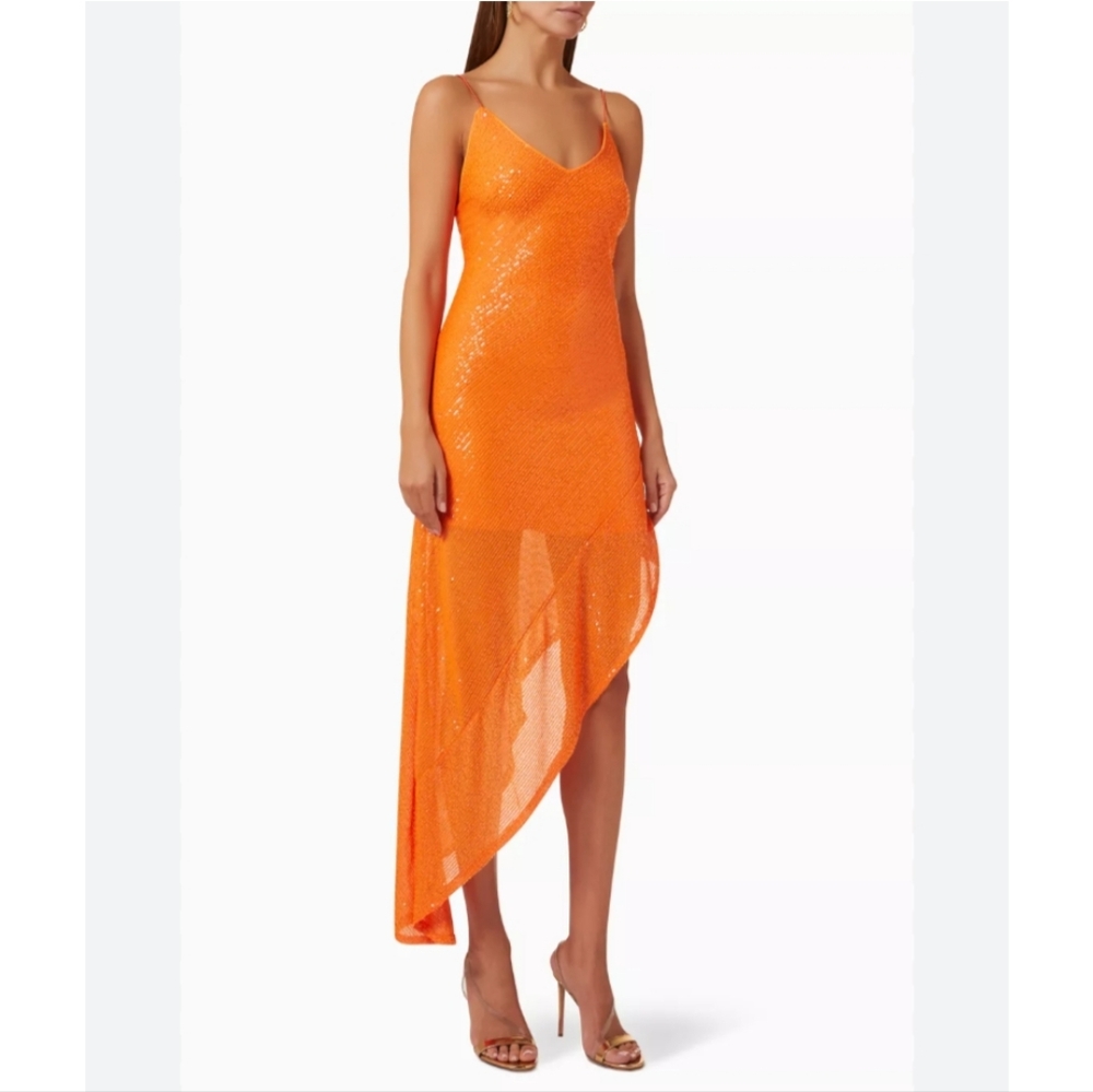 Rotate Orange Kanelios Sequin Asymmetric Maxi Dress Size 10
